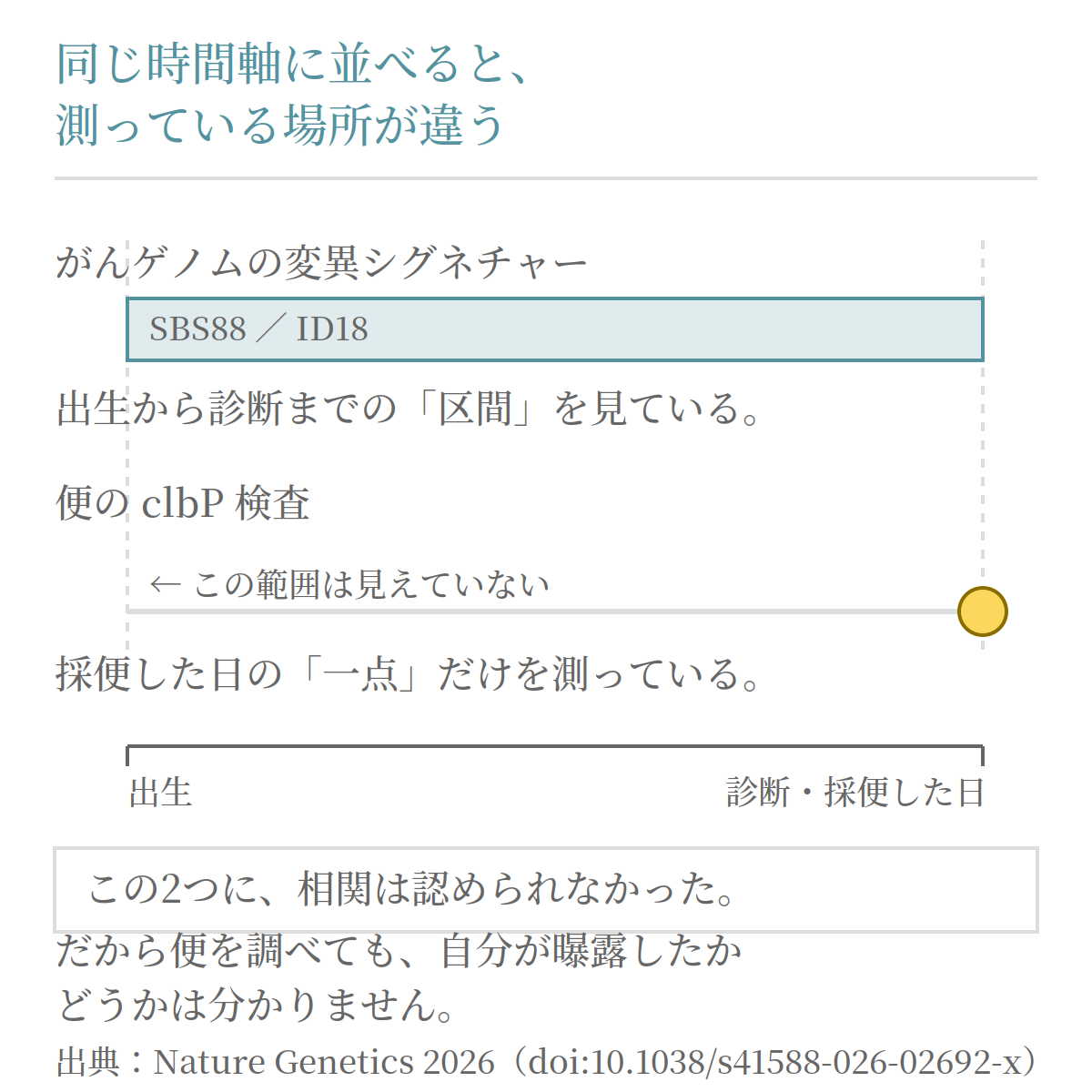若年性大腸がんの変異シグネチャーは出生から診断までの区間を、便のclbP検査は採便した日の一点を測ることを示した図