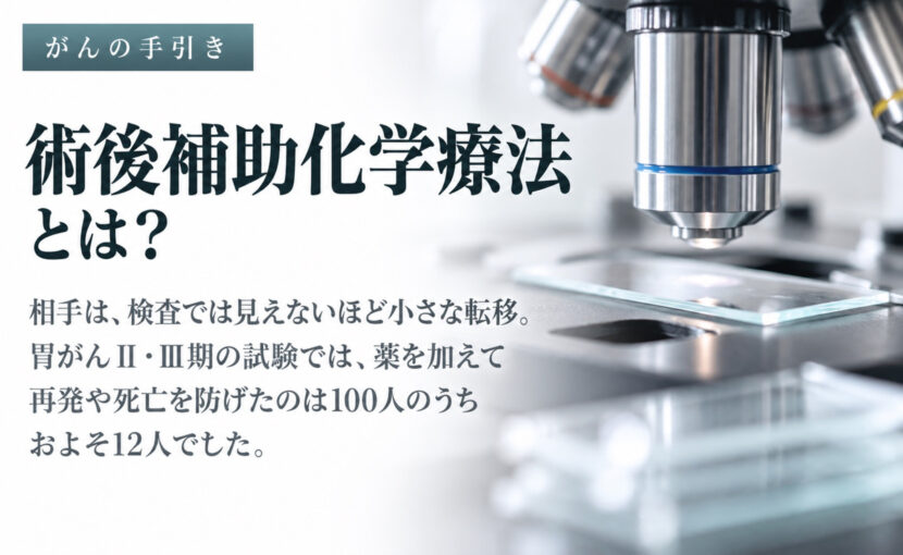 術後補助化学療法とは？の見出しと、顕微鏡とスライドガラスの写真。胃がんII・III期の試験で再発や死亡を防げたのは100人のうちおよそ12人