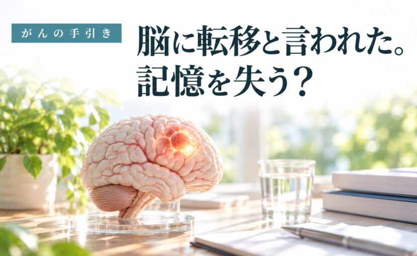 一部が光る脳の模型。脳転移の症状と治療、記憶への影響を説明する記事
