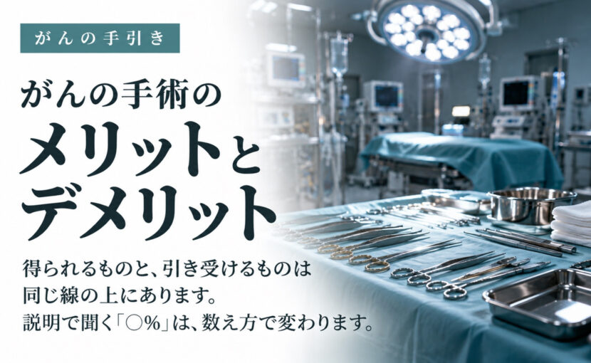 がんの手術のメリットとデメリットの見出しと、手術室に並ぶ手術器具の写真