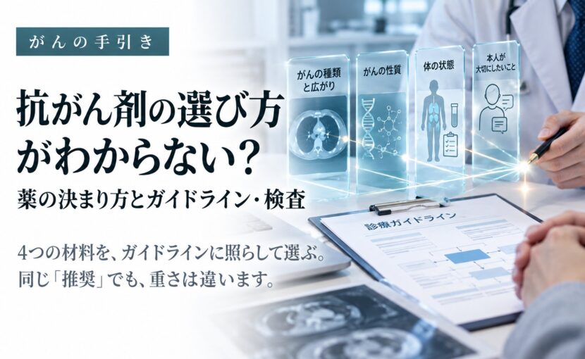 抗がん剤の選び方がわからない？薬の決まり方とガイドライン・検査の見出しと、がんの種類と広がり、がんの性質、体の状態、本人が大切にしたいことの4つの材料と診療ガイドラインのイメージ