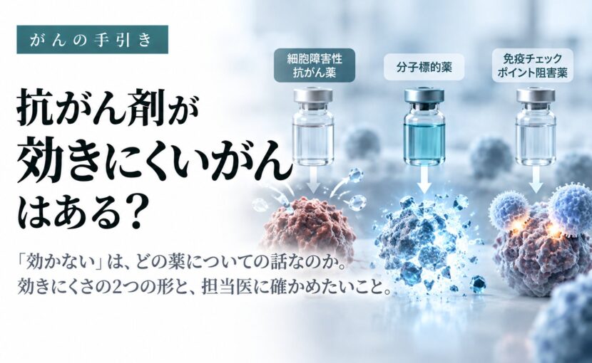 抗がん剤が効きにくいがんはある？の見出しと、細胞障害性抗がん薬、分子標的薬、免疫チェックポイント阻害薬のイメージ。効きにくさの2つの形と担当医に確かめたいこと