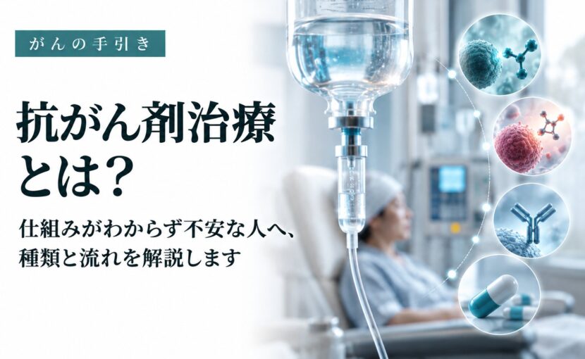 抗がん剤治療とは？仕組みがわからず不安な人への見出しと、点滴を受ける患者と薬の種類を表すイメージ