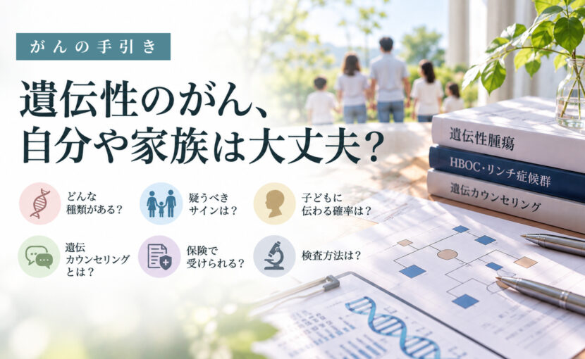 後ろ姿の家族と、机の上の家系図と資料。遺伝性のがんと検査の目安を説明する記事