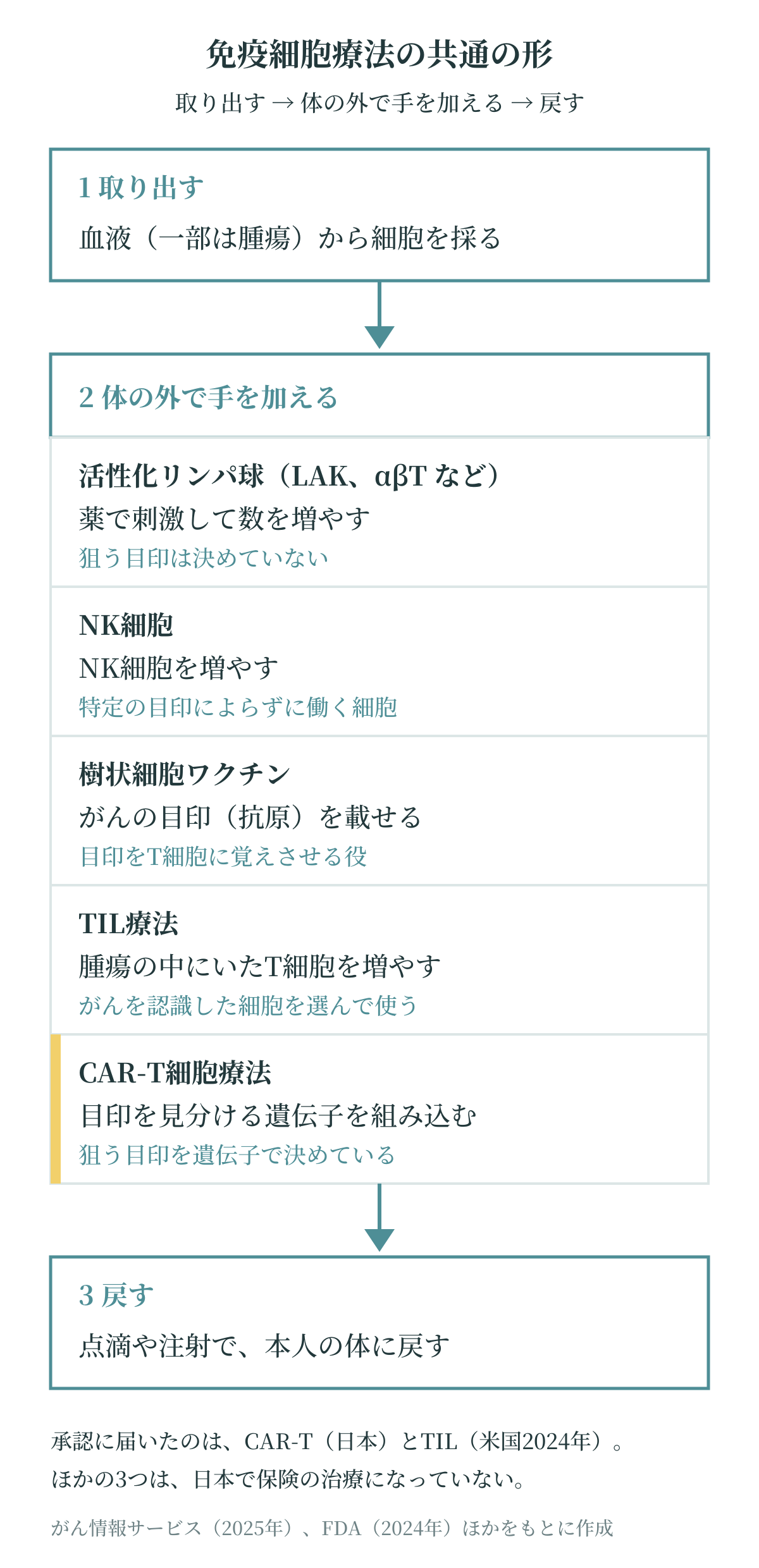免疫細胞療法の共通の形を示した図。血液や腫瘍から細胞を取り出し、体の外で手を加えて、本人に戻す。手の加え方は、活性化リンパ球は増やす、NK細胞は増やす、樹状細胞ワクチンはがんの目印を載せる、TIL療法は腫瘍の中のT細胞を増やす、CAR-T細胞療法は目印を見分ける遺伝子を組み込む