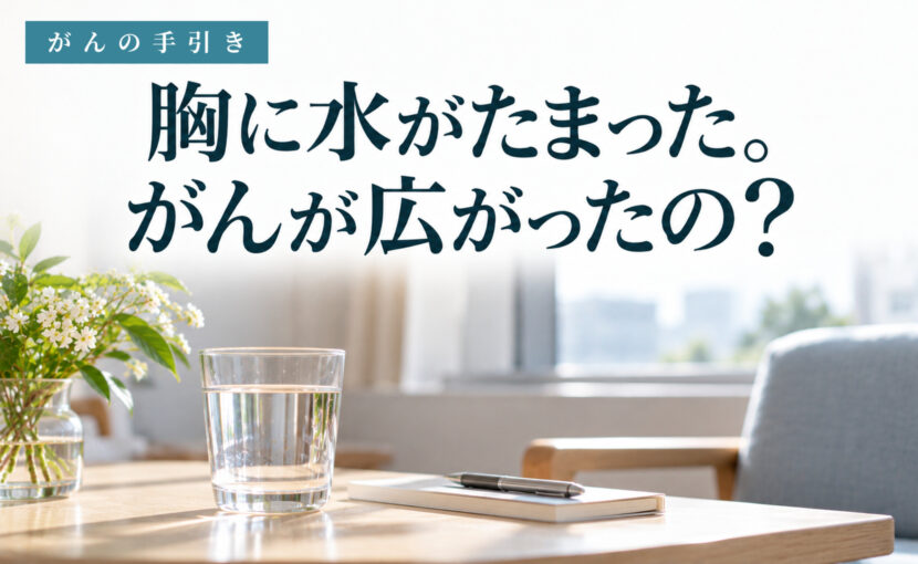 明るい窓辺の机に置かれた水のグラス。胸膜播種と胸水の治療を説明する記事